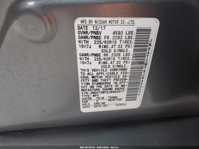 44735135 :رقم المزاد ، JN8AT2MT9JW460577 vin ، 2018 Nissan Rogue Sl مزاد بيع
