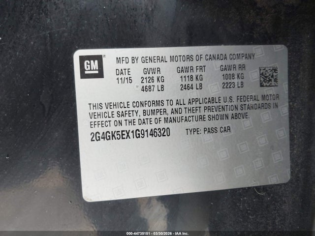 2016 Buick Regal Turbo მანქანა იყიდება აუქციონზე, vin: 2G4GK5EX1G9146320, აუქციონის ნომერი: 44735151
