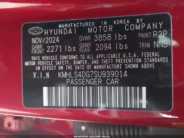 Aukcja sprzedaży 2025 Hyundai Elantra Sel Convenience, vin: KMHLS4DG7SU939014, numer aukcji: 44735159