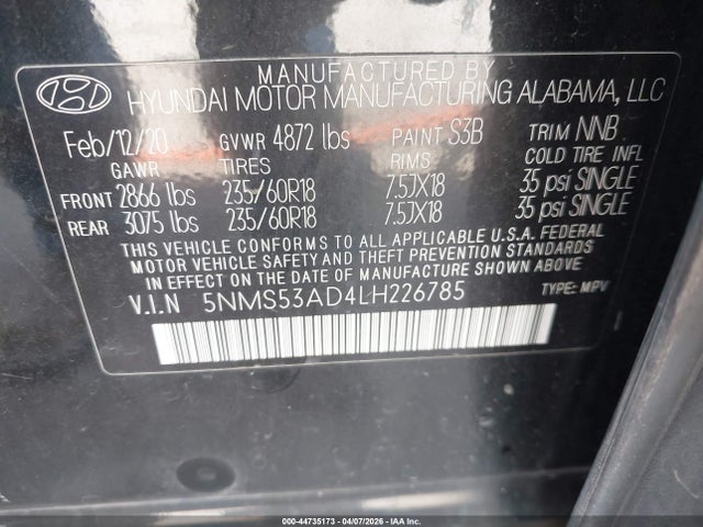 Aukcja sprzedaży 2020 Hyundai Santa Fe Limited, vin: 5NMS53AD4LH226785, numer aukcji: 44735173