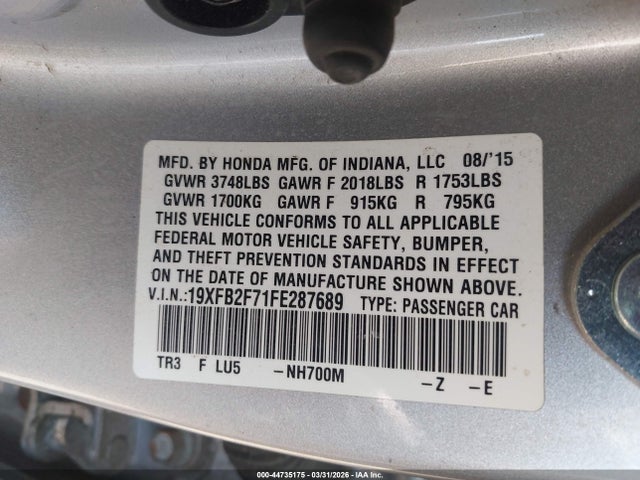 44735175 :رقم المزاد ، 19XFB2F71FE287689 vin ، 2015 Honda Civic Se مزاد بيع