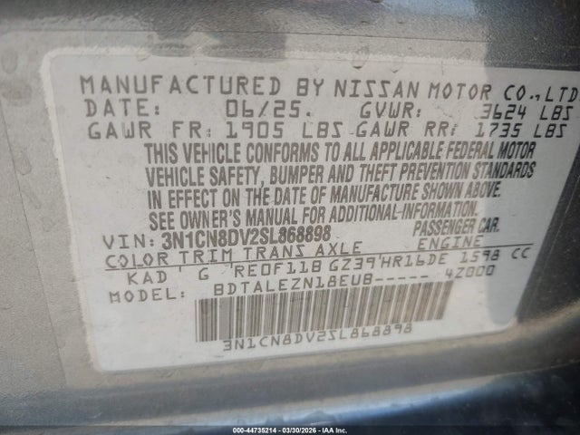 Auction sale of the 2025 Nissan Versa 1.6 S, vin: 3N1CN8DV2SL868898, lot number: 44735214