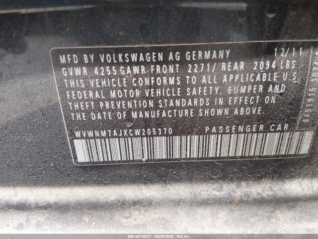 44735217 :رقم المزاد ، WVWNM7AJXCW205370 vin ، 2012 Volkswagen Golf Tdi 4-door مزاد بيع