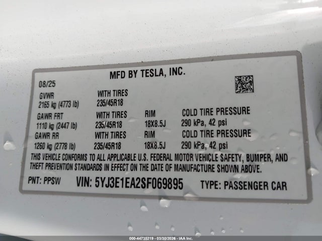 44735219 :رقم المزاد ، 5YJ3E1EA2SF069895 vin ، 2025 Tesla Model 3 Long Range Rear-wheel Drive/standard Rear-wheel Drive مزاد بيع