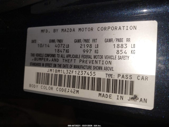 44735221 :رقم المزاد ، JM1BM1L32F1237455 vin ، 2015 Mazda Mazda3 S Touring مزاد بيع