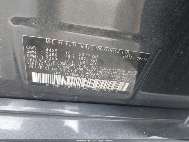 2013 Subaru Legacy 2.5i Limited მანქანა იყიდება აუქციონზე, vin: 4S3BMBJ67D3014073, აუქციონის ნომერი: 44735236