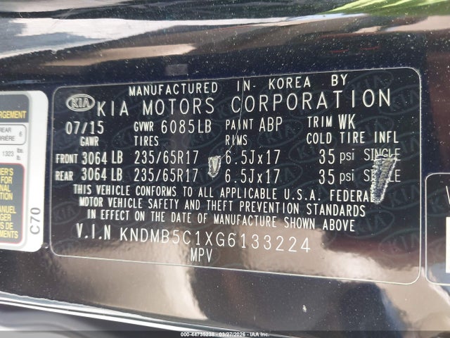 Aukcja sprzedaży 2016 Kia Sedona Lx, vin: KNDMB5C1XG6133224, numer aukcji: 44735238