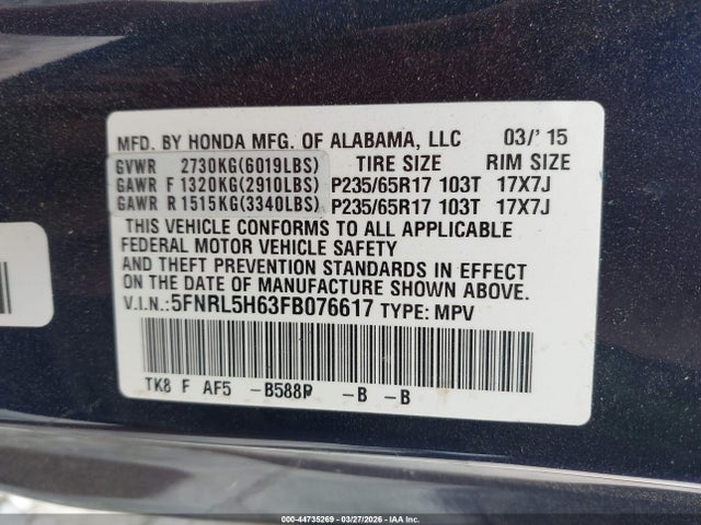 Honda Odyssey Ex-l 2015 5FNRL5H63FB076617 Image 9