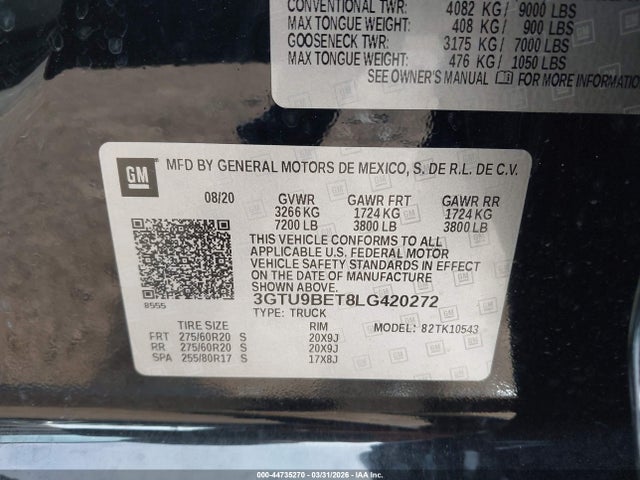 44735270 :رقم المزاد ، 3GTU9BET8LG420272 vin ، 2020 Gmc Sierra 1500 4wd  Short Box Sle مزاد بيع