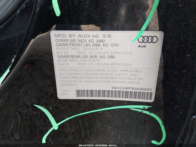 Auction sale of the 2017 Audi Q5 2.0t Premium, vin: WA1C2AFP3HA088852, lot number: 44735275