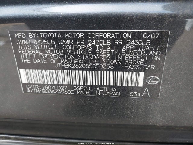 Продажа на аукционе авто 2008 Lexus Is 250, vin: JTHBK262085058338, номер лота: 44735290
