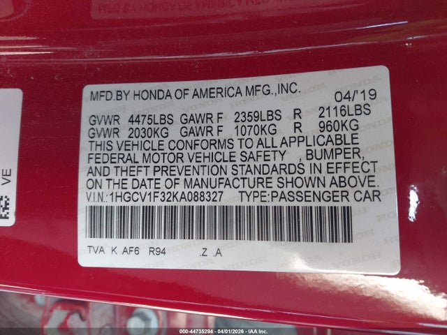 44735294 :رقم المزاد ، 1HGCV1F32KA088327 vin ، 2019 Honda Accord Sport مزاد بيع