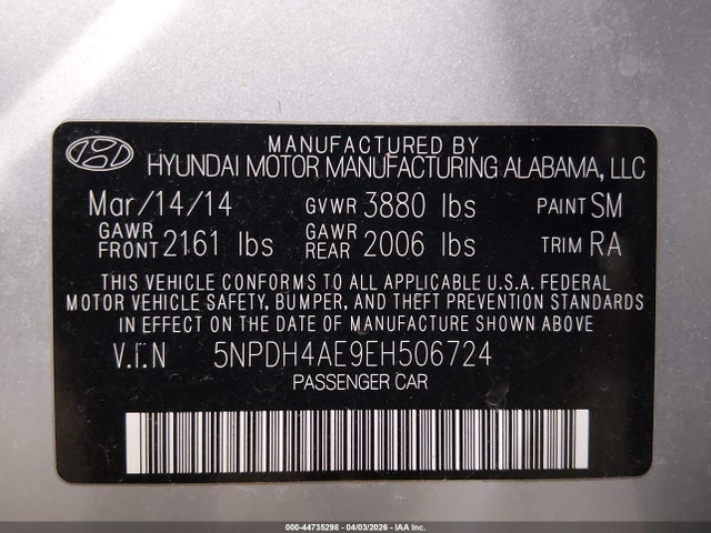 Продажа на аукционе авто 2014 Hyundai Elantra Se, vin: 5NPDH4AE9EH506724, номер лота: 44735298