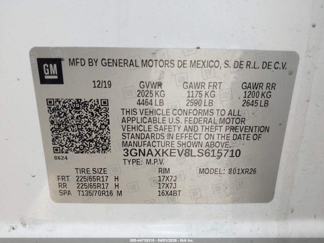 44735310 :رقم المزاد ، 3GNAXKEV8LS615710 vin ، 2020 Chevrolet Equinox Fwd Lt 1.5l Turbo مزاد بيع