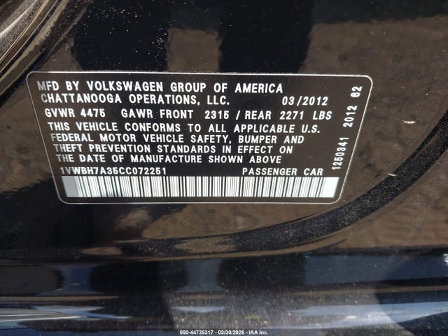 44735317 :رقم المزاد ، 1VWBH7A35CC072251 vin ، 2012 Volkswagen Passat 2.5l Se مزاد بيع