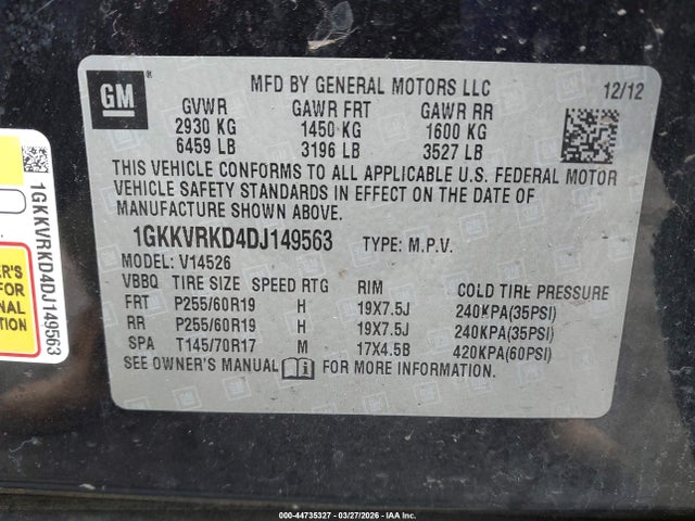 Продаж на аукціоні авто 2013 Gmc Acadia Slt-1, vin: 1GKKVRKD4DJ149563, номер лоту: 44735327