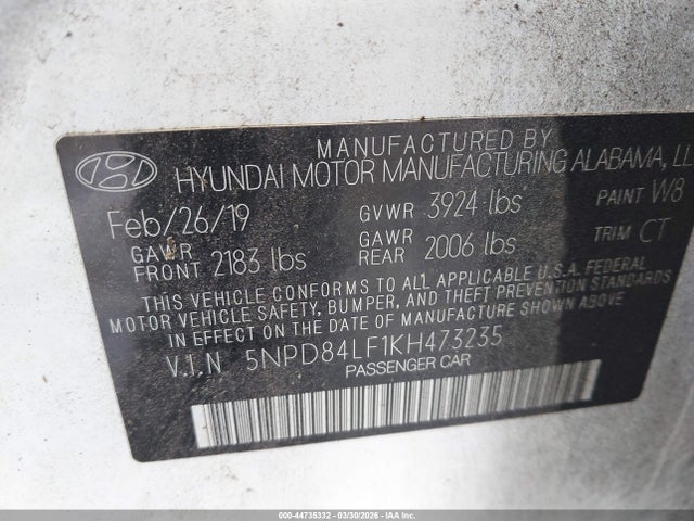 Продажа на аукционе авто 2019 Hyundai Elantra Sel, vin: 5NPD84LF1KH473235, номер лота: 44735332