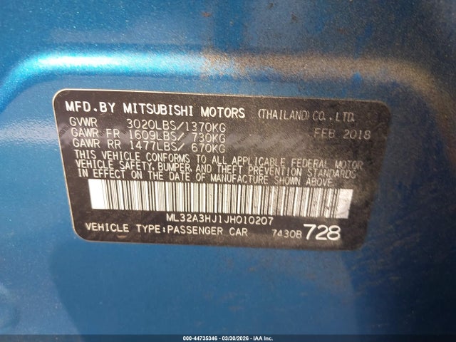 Продаж на аукціоні авто 2018 Mitsubishi Mirage Es, vin: ML32A3HJ1JH010207, номер лоту: 44735346