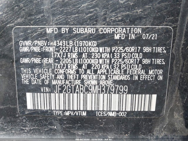 Aukcja sprzedaży 2021 Subaru Crosstrek, vin: JF2GTABC9MH379799, numer aukcji: 44735388