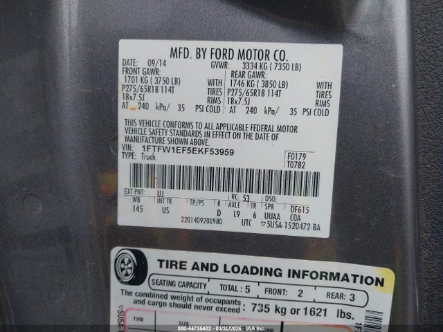 2014 Ford F-150 Xlt მანქანა იყიდება აუქციონზე, vin: 1FTFW1EF5EKF53959, აუქციონის ნომერი: 44735402