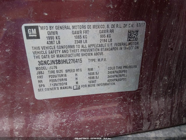 Aukcja sprzedaży 2017 Chevrolet Trax Ls, vin: 3GNCJNSB9HL276415, numer aukcji: 44735415