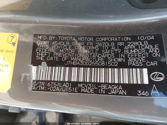 Aukcja sprzedaży 2005 Lexus Es 330, vin: JTHBA30G255081502, numer aukcji: 44735434