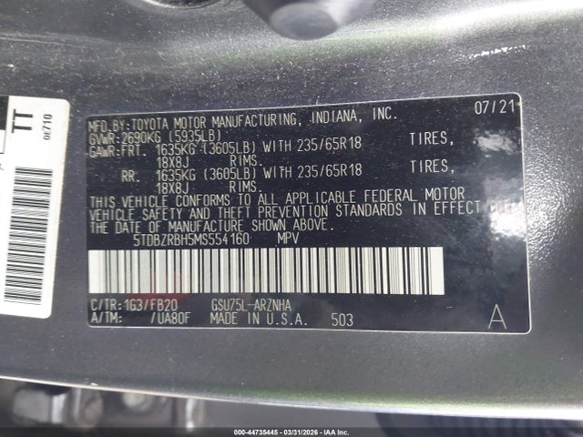 2021 Toyota Highlander Le მანქანა იყიდება აუქციონზე, vin: 5TDBZRBH5MS554160, აუქციონის ნომერი: 44735445