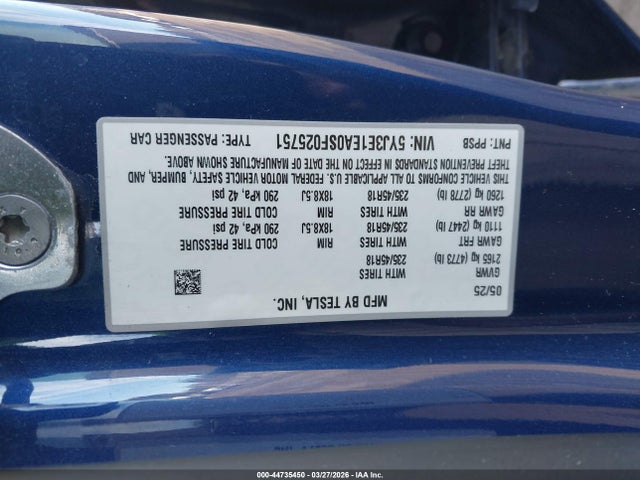 5YJ3E1EA0SF025751 Tesla Model 3 Long Range Rear-wheel Drive/standard Rear-wheel Drive