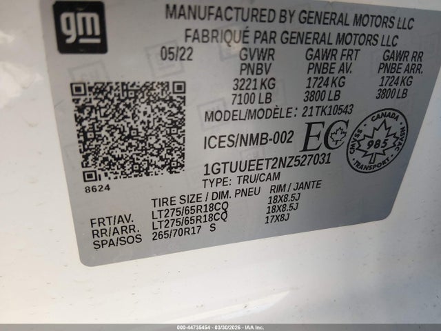 Продаж на аукціоні авто 2022 Gmc Sierra 1500 At4, vin: 1GTUUEET2NZ527031, номер лоту: 44735454