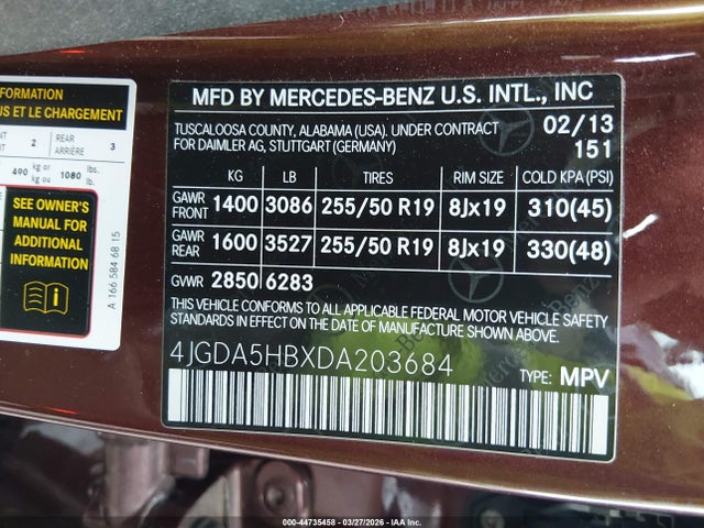 2013 Mercedes-benz Ml 350 4matic მანქანა იყიდება აუქციონზე, vin: 4JGDA5HBXDA203684, აუქციონის ნომერი: 44735458