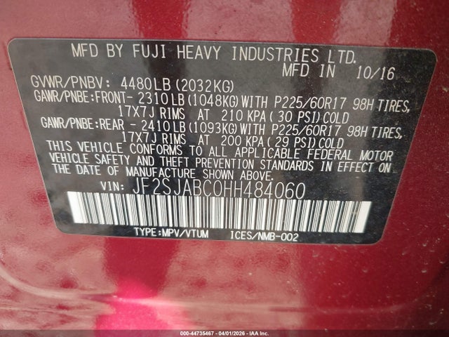 Продаж на аукціоні авто 2017 Subaru Forester 2.5i, vin: JF2SJABC0HH484060, номер лоту: 44735467