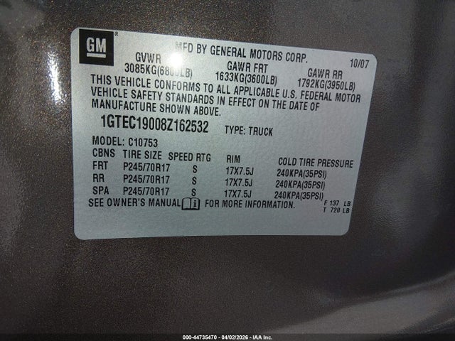 Продажа на аукционе авто 2008 Gmc Sierra 1500 Sle1, vin: 1GTEC19008Z162532, номер лота: 44735470