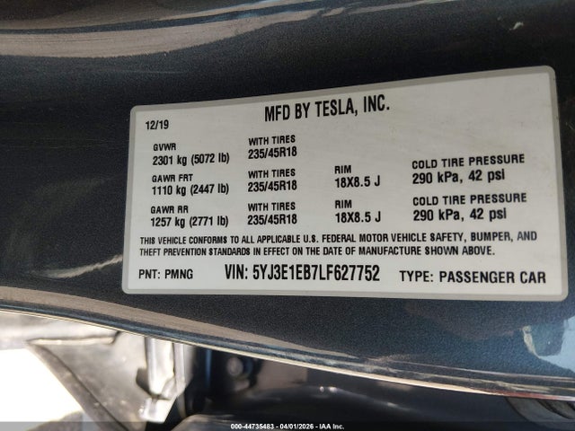 2020 Tesla Model 3 Long Range Dual Motor All-wheel Drive მანქანა იყიდება აუქციონზე, vin: 5YJ3E1EB7LF627752, აუქციონის ნომერი: 44735483