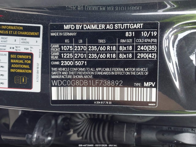 Продажа на аукционе авто 2020 Mercedes-benz Glc 300, vin: WDC0G8DB1LF738892, номер лота: 44735485