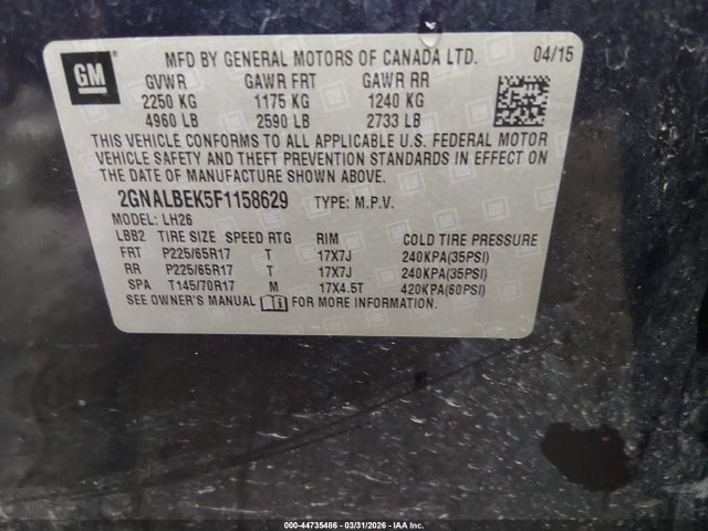 Продаж на аукціоні авто 2015 Chevrolet Equinox 1lt, vin: 2GNALBEK5F1158629, номер лоту: 44735486