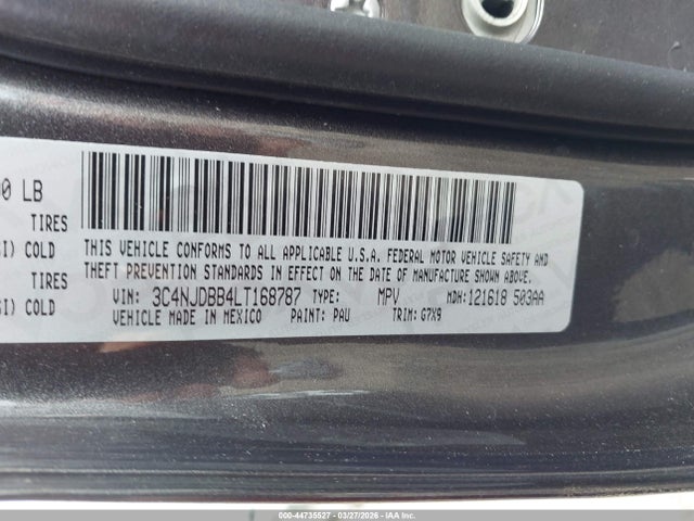 44735527 :رقم المزاد ، 3C4NJDBB4LT168787 vin ، 2020 Jeep Compass Latitude 4x4 مزاد بيع