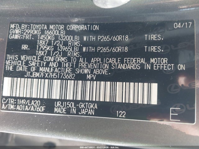 JTJBM7FX7H5173682 Lexus GX 460