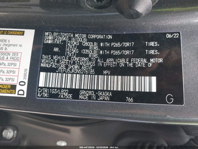 Продаж на аукціоні авто 2022 Toyota 4runner Sr5 Premium, vin: JTEFU5JR3N5276185, номер лоту: 44735536