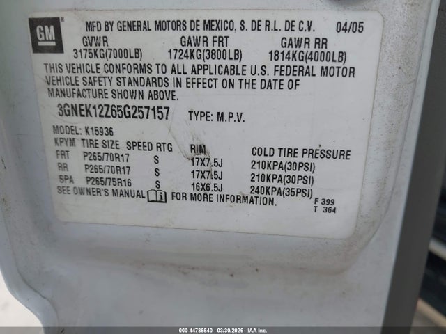 44735540 :رقم المزاد ، 3GNEK12Z65G257157 vin ، 2005 Chevrolet Avalanche 1500 Z71 مزاد بيع