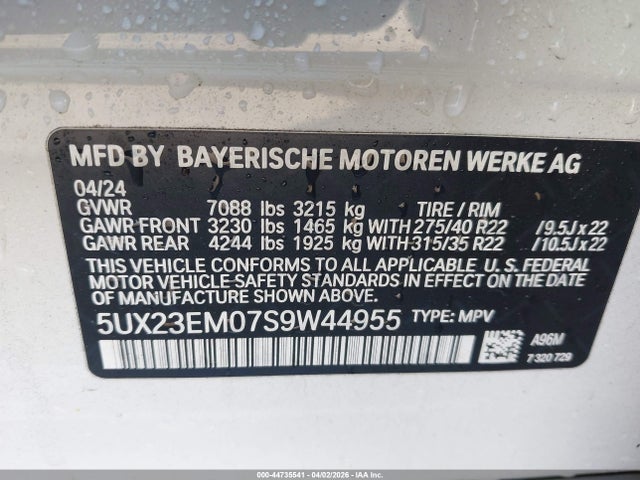 Aukcja sprzedaży 2025 Bmw X7 Xdrive40i, vin: 5UX23EM07S9W44955, numer aukcji: 44735541