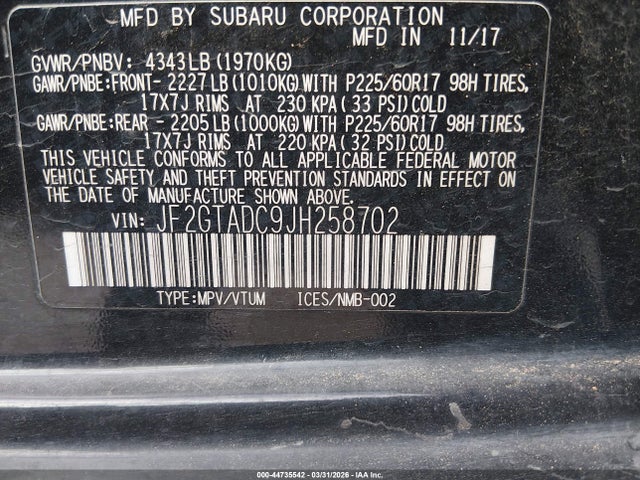 2018 Subaru Crosstrek 2.0i Premium მანქანა იყიდება აუქციონზე, vin: JF2GTADC9JH258702, აუქციონის ნომერი: 44735542