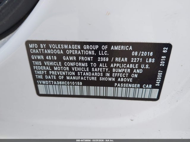 2017 Volkswagen Passat 1.8t R-line მანქანა იყიდება აუქციონზე, vin: 1VWDT7A36HC010159, აუქციონის ნომერი: 44735554