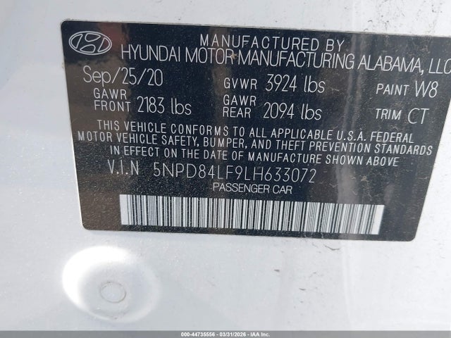 Aukcja sprzedaży 2020 Hyundai Elantra Sel, vin: 5NPD84LF9LH633072, numer aukcji: 44735556