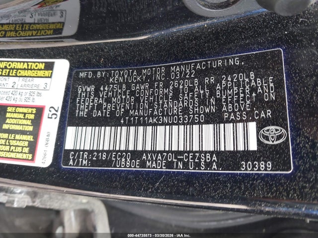 Aukcja sprzedaży 2022 Toyota Camry Se Nightshade Edition, vin: 4T1T11AK3NU033750, numer aukcji: 44735573