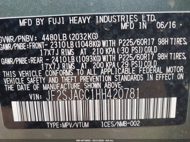 Aukcja sprzedaży 2017 Subaru Forester 2.5i Premium, vin: JF2SJAGC1HH420781, numer aukcji: 44735582