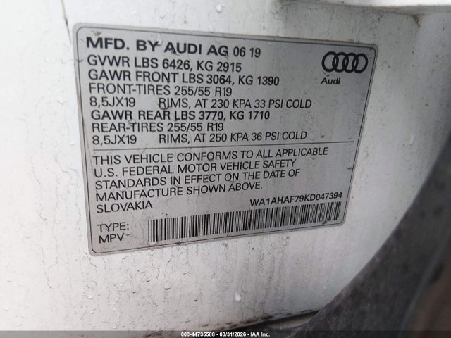Aukcja sprzedaży 2019 Audi Q7 45 Premium, vin: WA1AHAF79KD047394, numer aukcji: 44735588