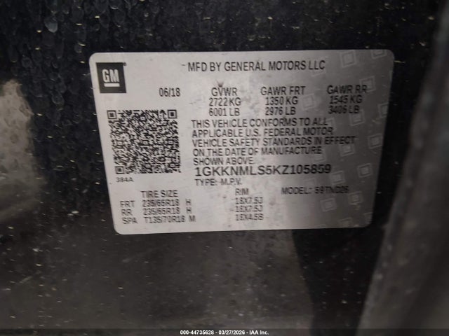 44735628 :رقم المزاد ، 1GKKNMLS5KZ105859 vin ، 2019 Gmc Acadia Slt-1 مزاد بيع