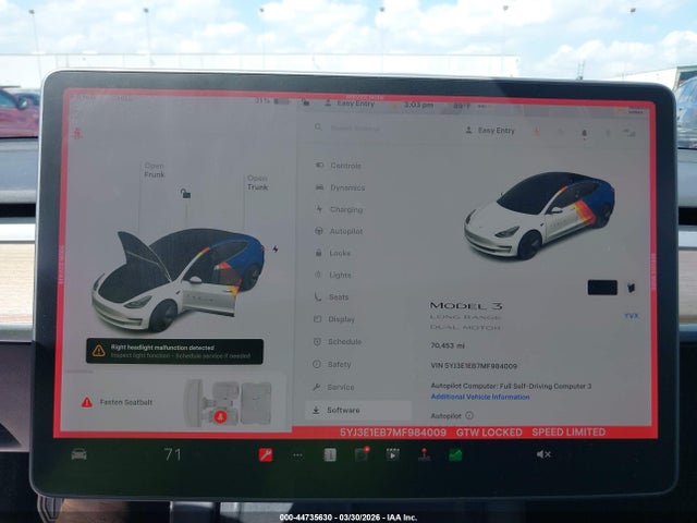 44735630 :رقم المزاد ، 5YJ3E1EB7MF984009 vin ، 2021 Tesla Model 3 Long Range Dual Motor All-wheel Drive مزاد بيع