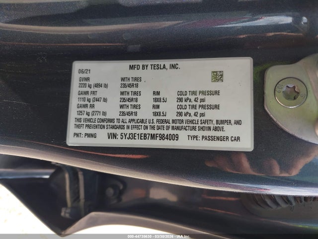 44735630 :رقم المزاد ، 5YJ3E1EB7MF984009 vin ، 2021 Tesla Model 3 Long Range Dual Motor All-wheel Drive مزاد بيع