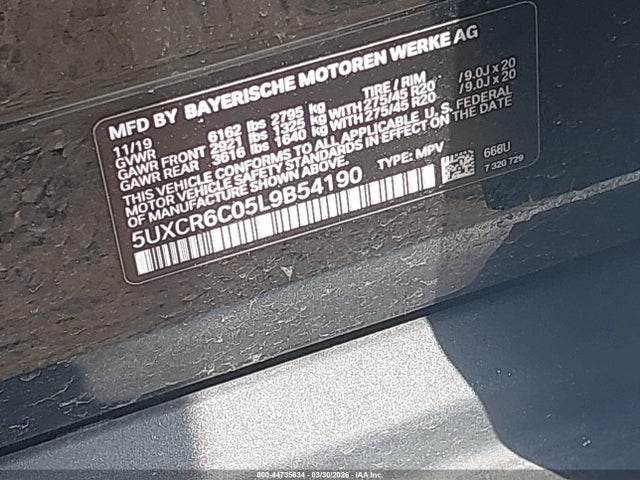 Aukcja sprzedaży 2020 Bmw X5 Xdrive40i, vin: 5UXCR6C05L9B54190, numer aukcji: 44735634